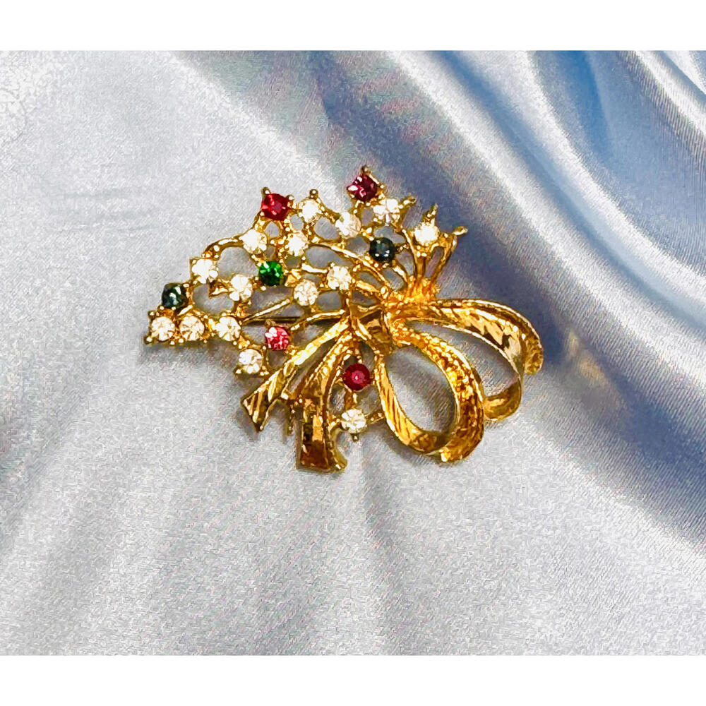 Gold Tone Multi Colored Rhinestone Bow Brooch